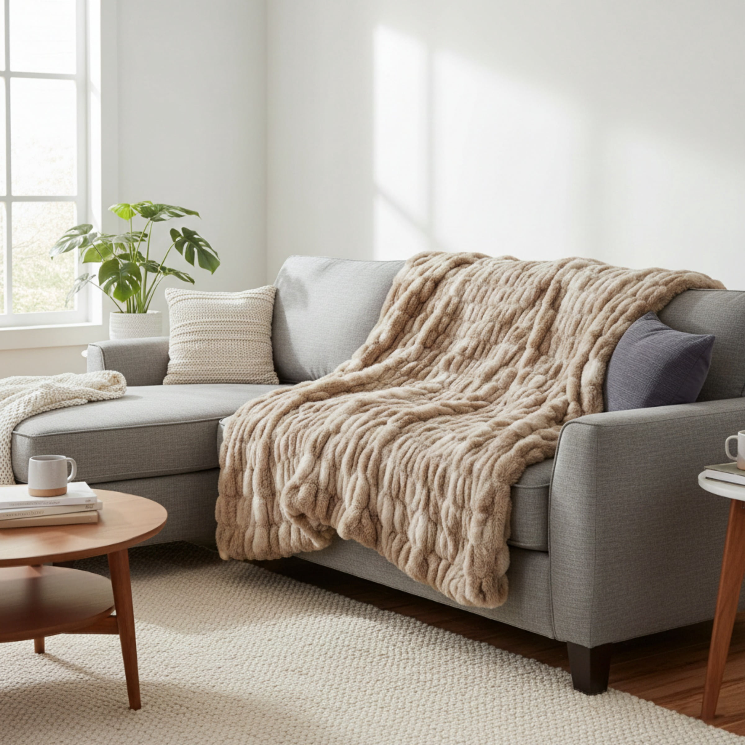 Lavish Home 60x80-Inch Ruched Faux Fur Blanket for Sofas and Beds (Taupe)