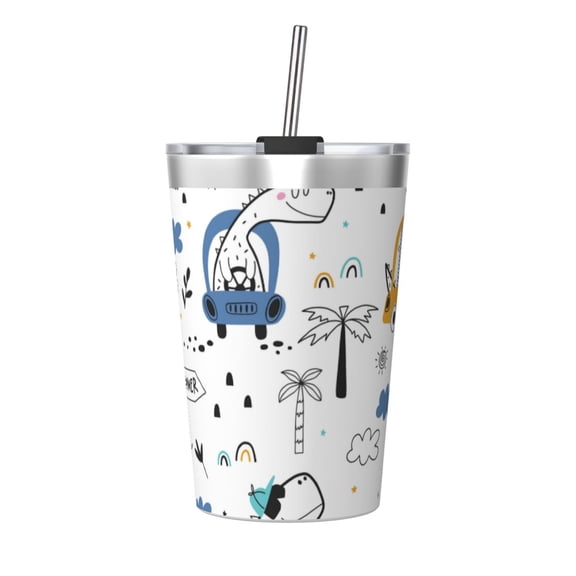 PAYOHTO Childish Pattern Dinosaur Driver Insulated Stainless Steel Tumbler 12 oz Thermos Come with Straw Kids Leak-Proof Travel Mug Cup