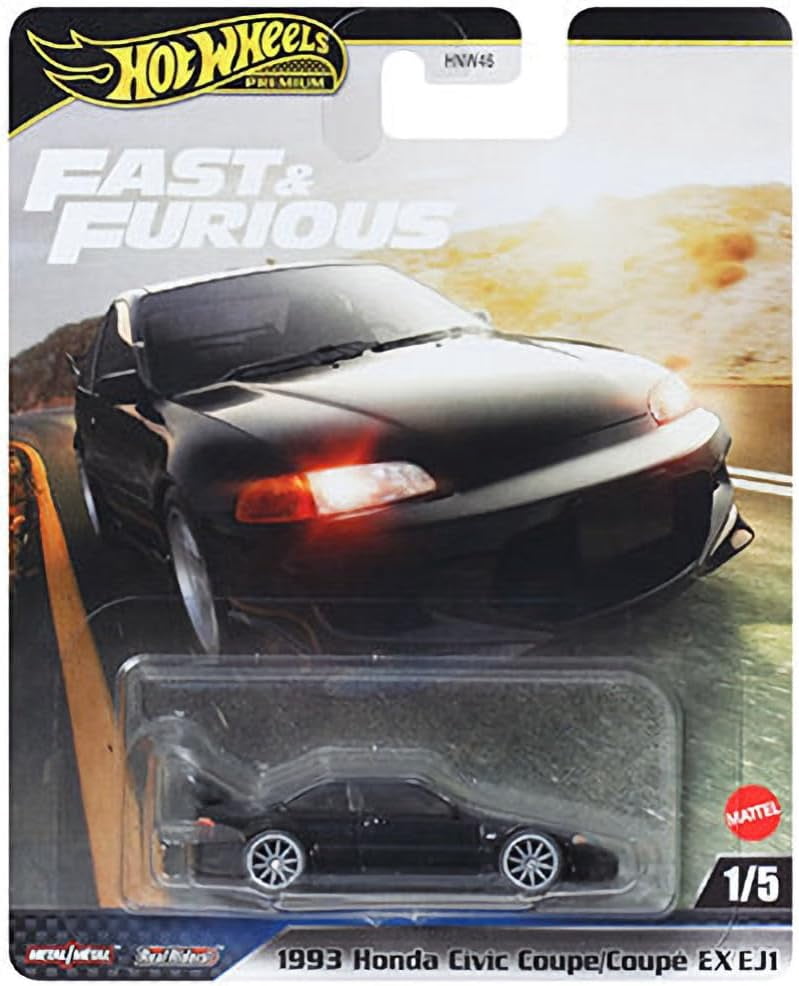 Hot Wheels Premium Fast & Furious Die-Cast Cars, Set of 5, Civic Coupe, Lancer Evo IX, 911 RS 3.8, Toyota Chaser, Gallardo 570-4, 1:64 Scale, Metal HNW46-956M