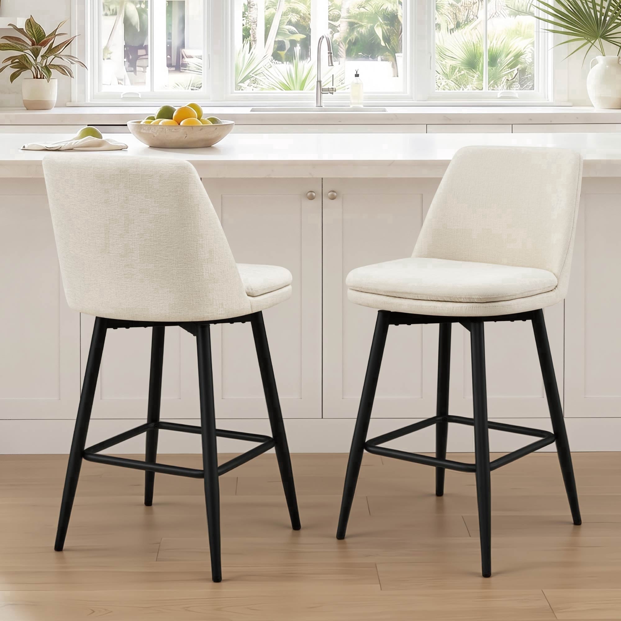 ReNest 27" Mid-Century Swivel Counter Height Bar Stools Set of 2 for Kitchen Island, Upholstered Fabric, Creamy Grey