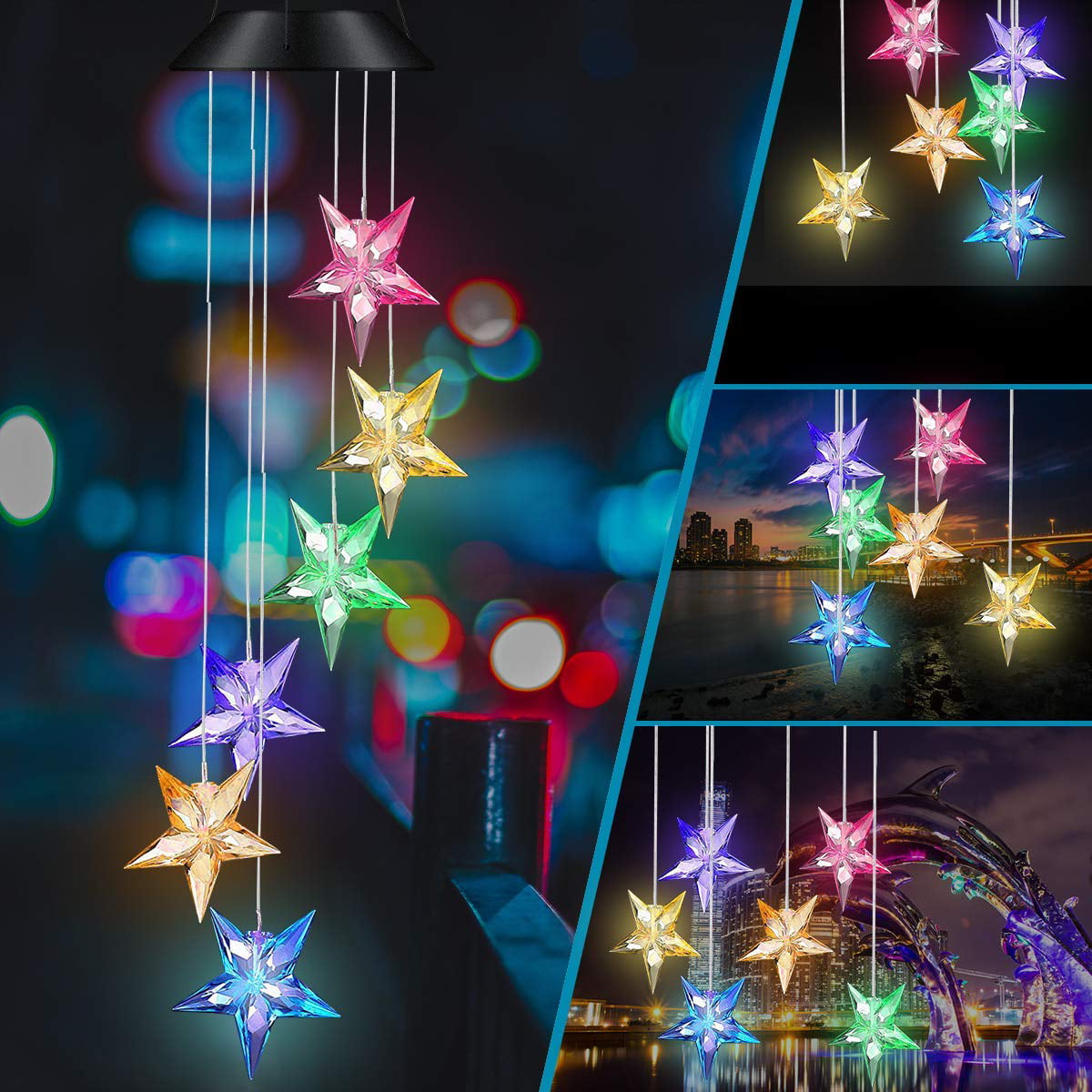 LED Solar Wind Chime Light Solar Stars Wind Chimes Color Changing Wind Chimes Outdoor Durable Solar Power Sensor Wind Chimes Lamp for Outdoor Home