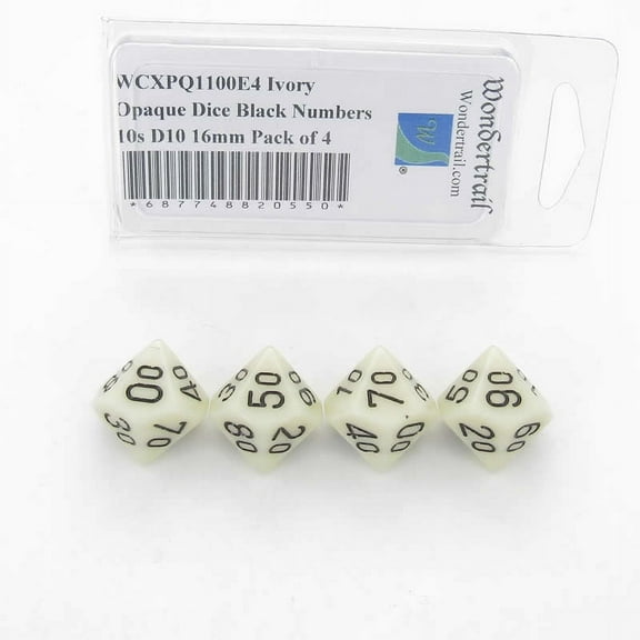 Ivory Opaque Dice with Black Numbers 10s D10 Aprox 16mm (5/8in) Pack of 4 Wondertrail