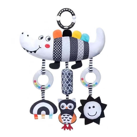 Black & White Baby Car Seat Toy – High Contrast Hanging Rattle with Crocodile & Caterpillar, Newborn Stroller Toy for 0-12 Months, Sensory Developmental Gift for Boys & Girls