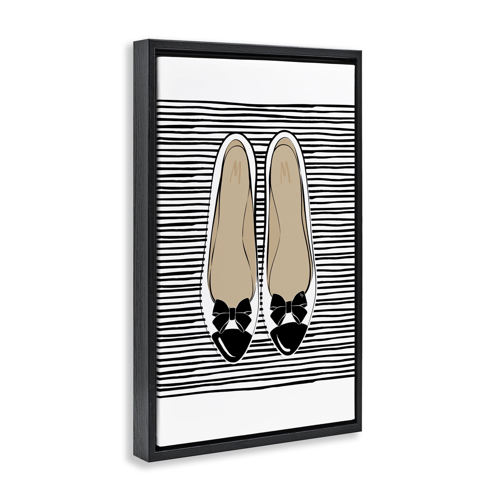 Stupell Industries Bow Flats on Stripes Beauty & Fashion Painting Black Floater Framed Art Print Wall Art, 17 x 25