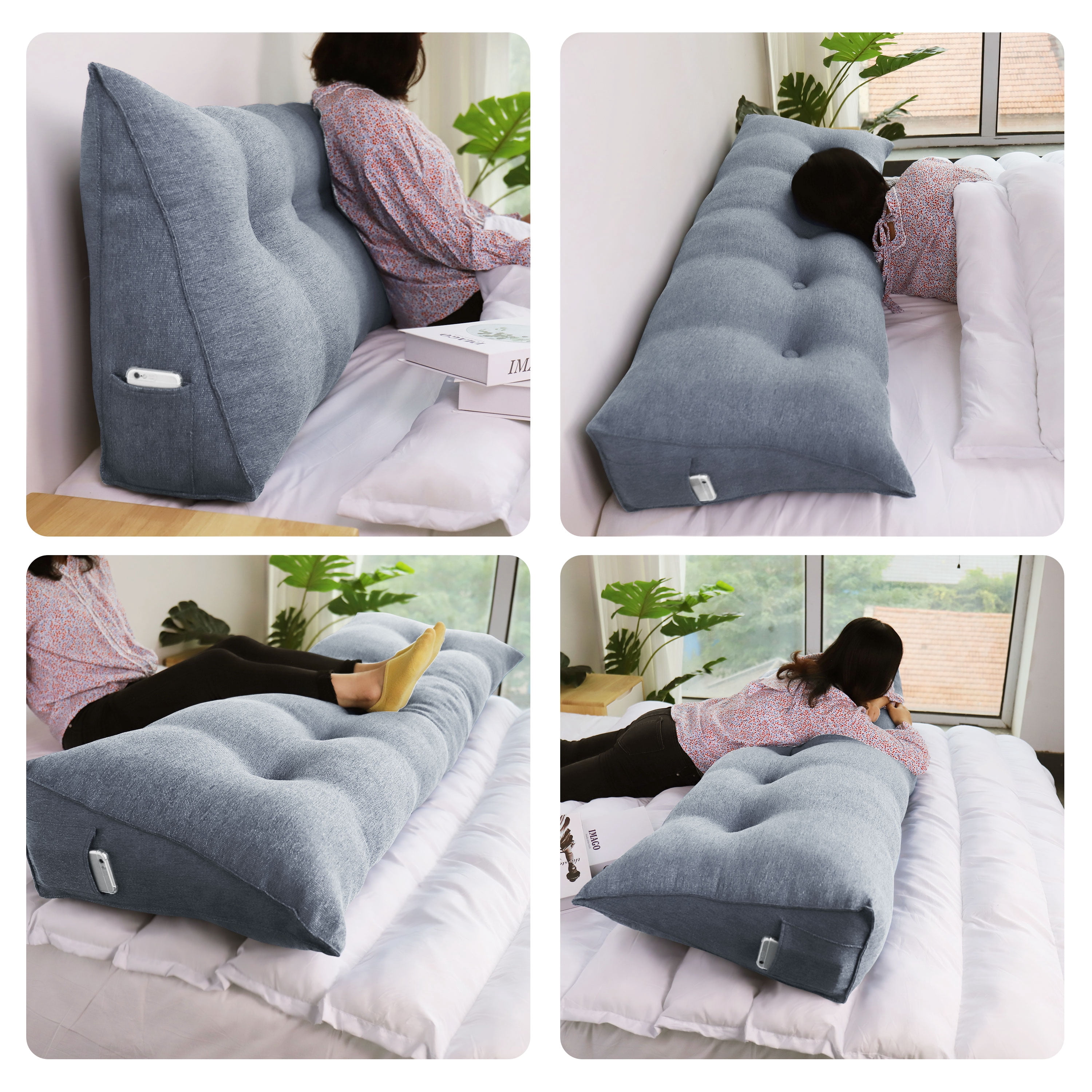 WOWMAX Sofa Daybed Large Filled Triangular Wedge Cushion Bed Backrest Positioning Support Pillow Reading Pillow Office Lumbar Pad with Removable Cover Gray Twin