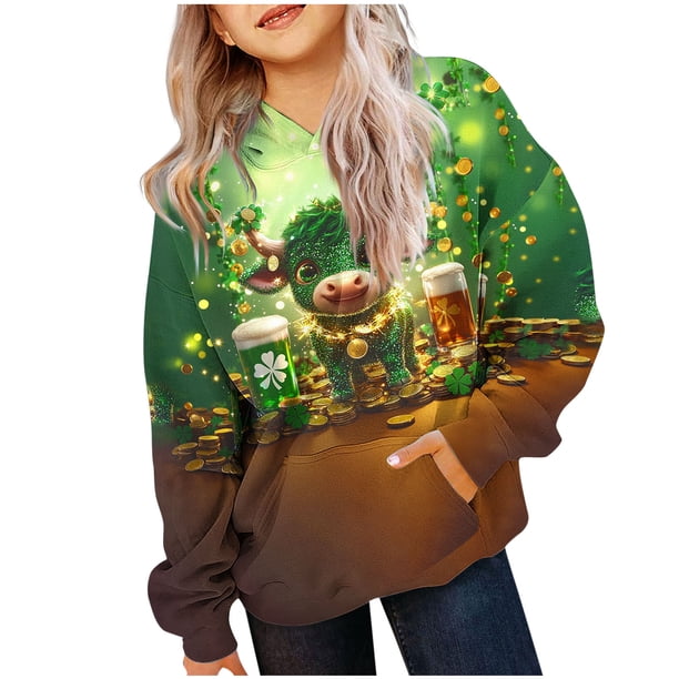 Sudadera con capucha para niños, camiseta de manga larga con estampado del Día de San Patricio para niños y mayores, sudadera con capucha para niña, parte superior de poliéster.