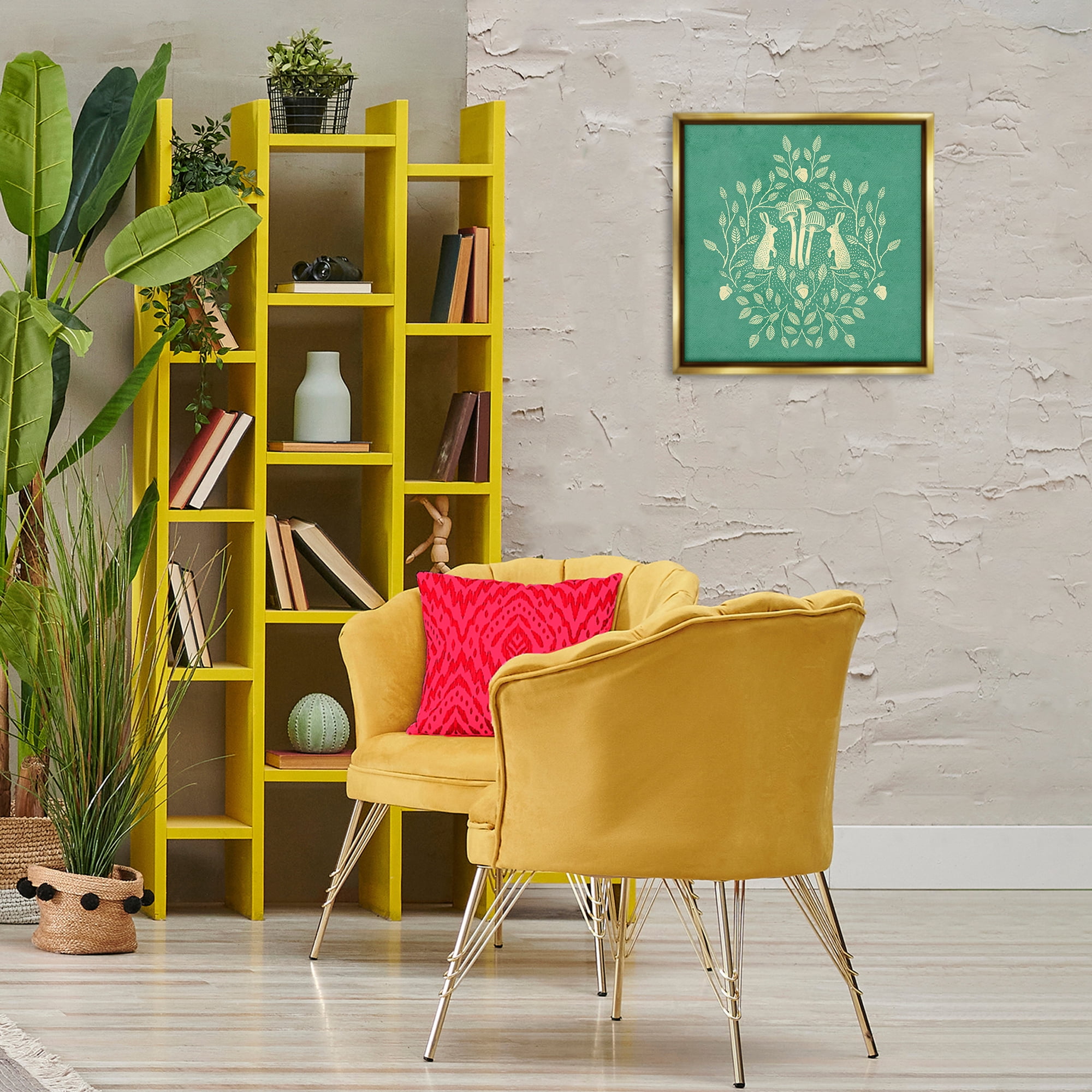 Stupell Industries Turquoise Botanical Rabbits Plants & Flowers Painting Gold Floater Framed Canvas Art Print Wall Art, 18 x 18