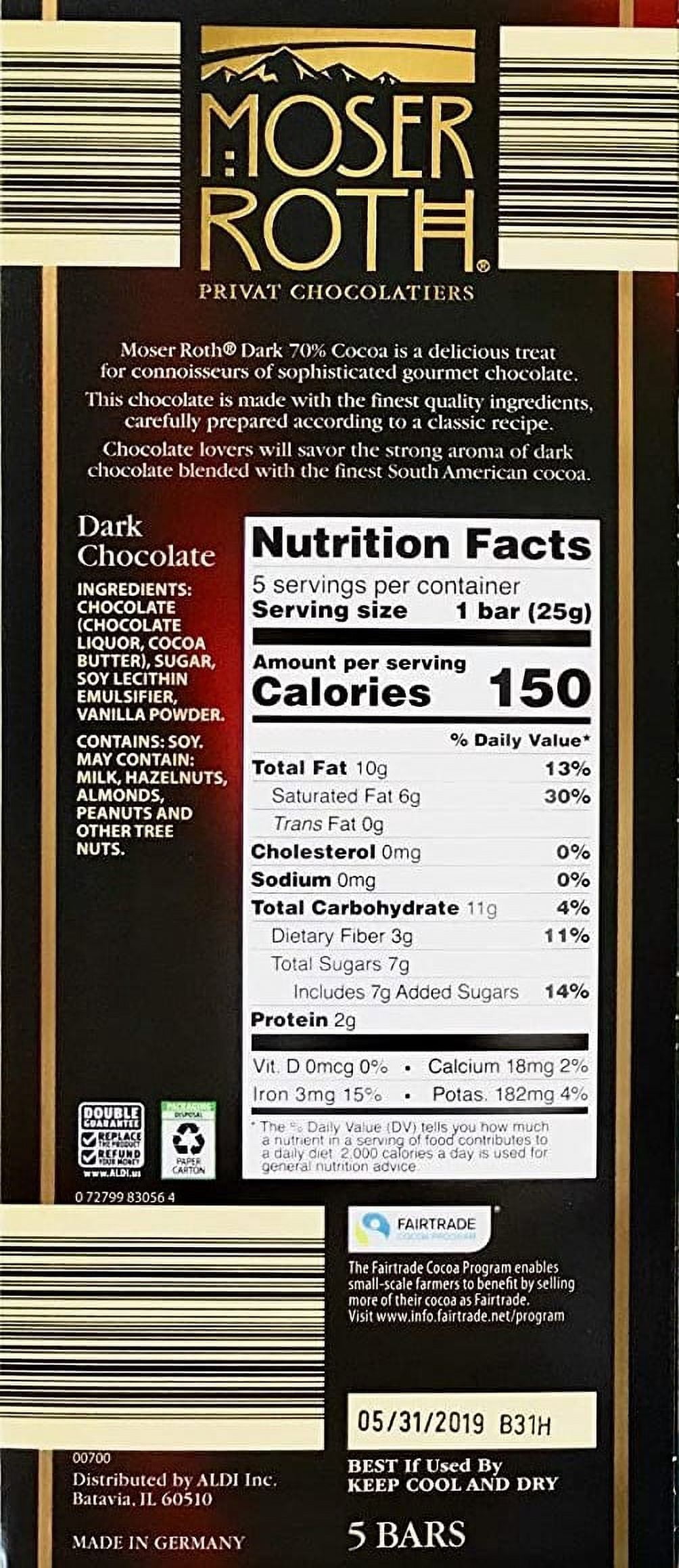 MOSER ROTH German Dark Chocolate Bars (70% Cocoa)-Boxed 6 Pack