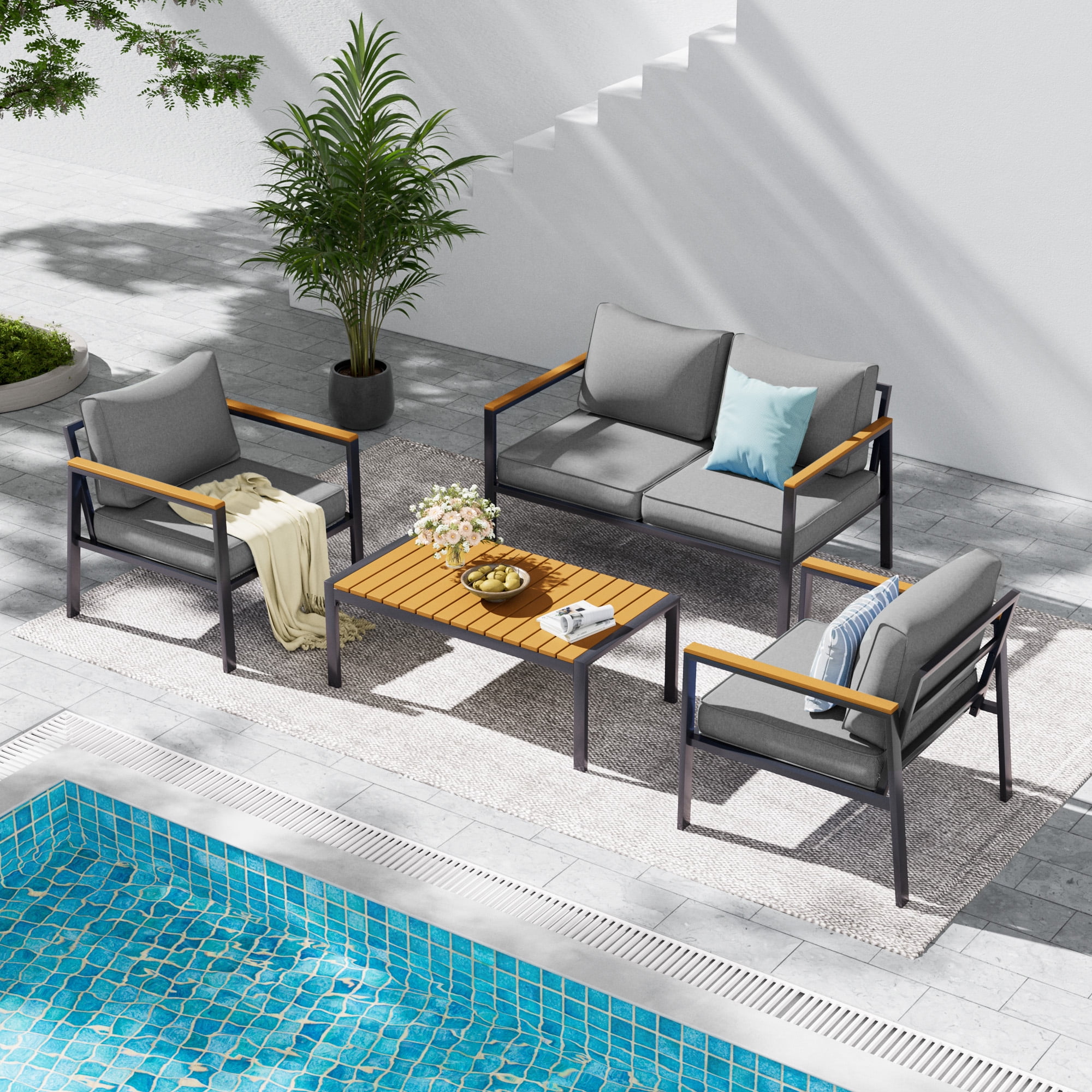 Aluminum Patio Furniture Set 4 Pieces Patio Conversation Set Outdoor Sectional Sofa with Thicken Cushion and Plastic-Wood Coffee Table, Patio Sets Fits Garden Backyard Balcony (Grey)