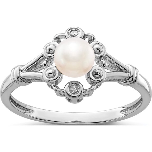 Sterling Silver Rhodium-Plated Fw Cultured Pearl & Diam. Ring (Size 10) Made In India qbr22jun-10
