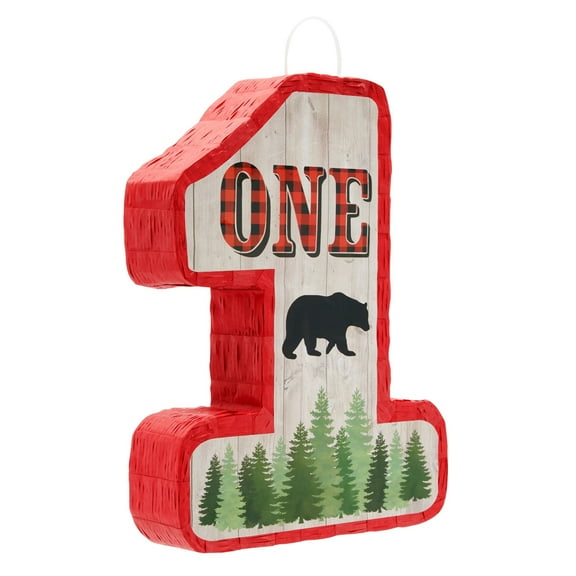 Number 1 Pinata for Kids Lumberjack First Birthday Decorations, Red/Black Buffalo Plaid (16.6 x 13 x 3 In)