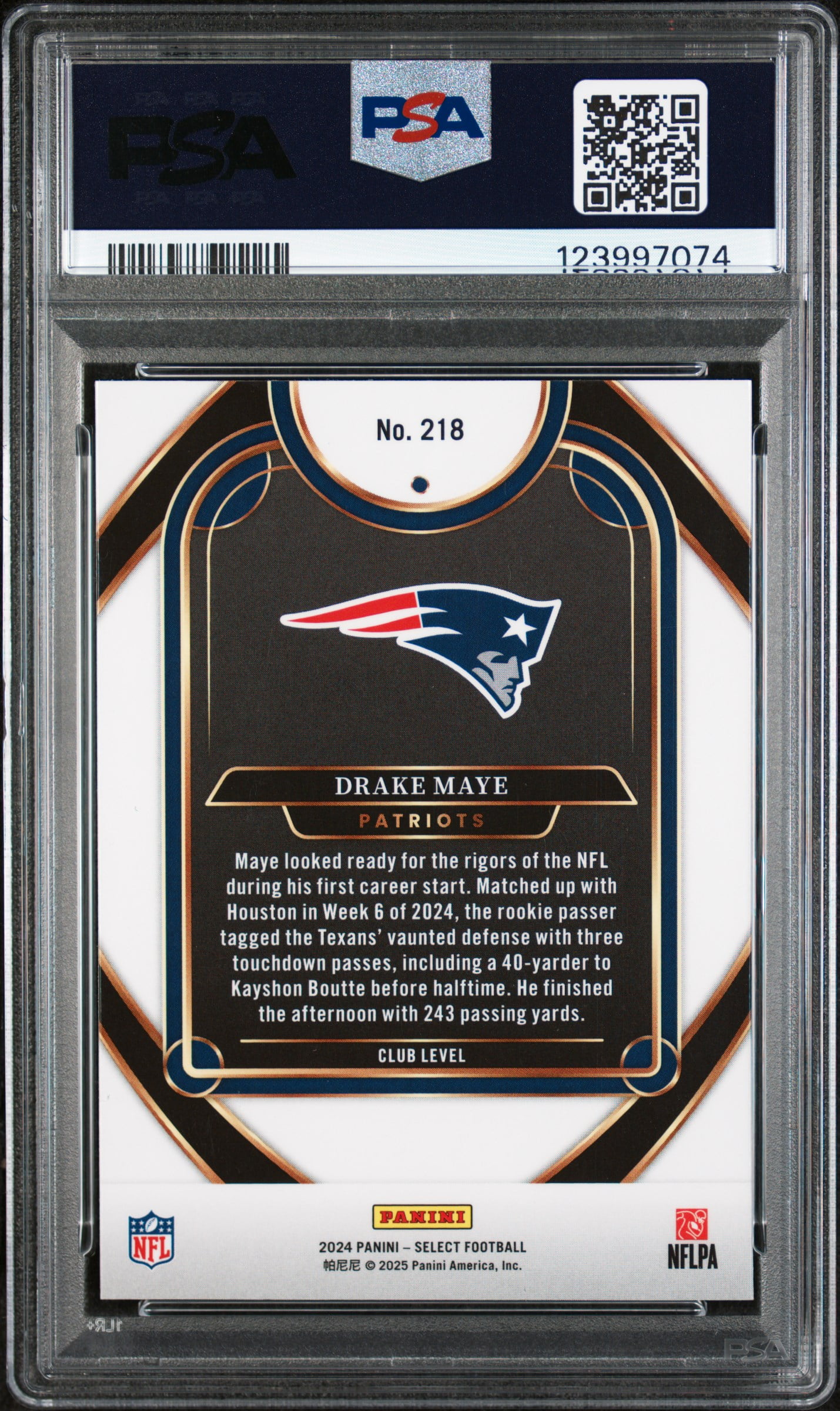 Drake Maye 2024 Select Rookie Football Card #218 Graded PSA 10 Cert #123997074
