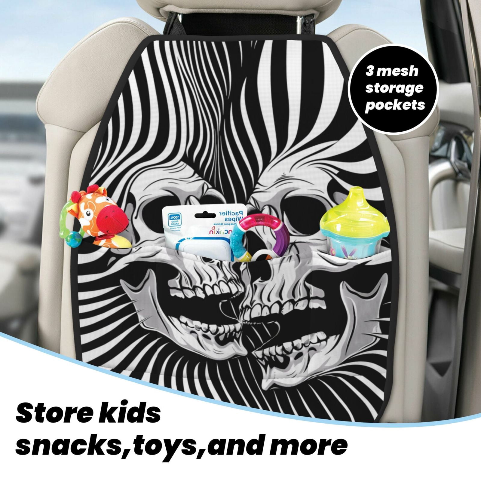 Kdxio Psychedelic Skull Illusion Art Print 2 Pack Car Kick Mat Seat Cover Back Protector Mat with Pockets for Organizer Backseat Protector and Storage Anti Kick Pad for Vehicles