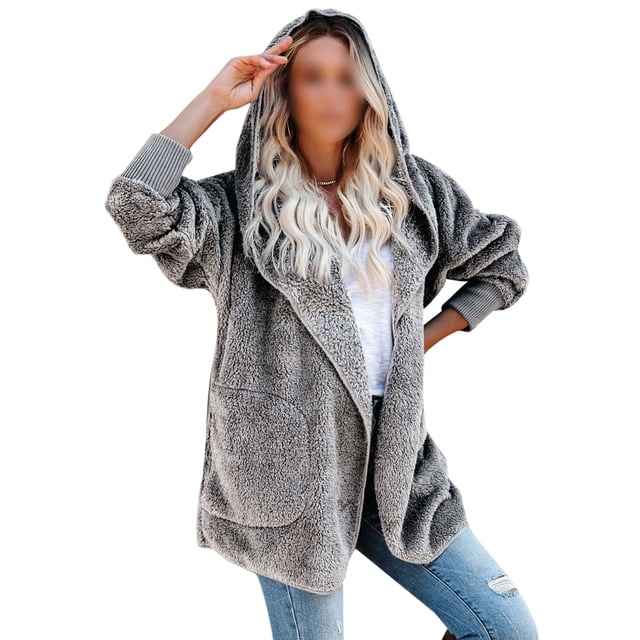 LUXUR Ladies Open Front Outwear Mid Length Work Sherpa Jacket Light Grey M