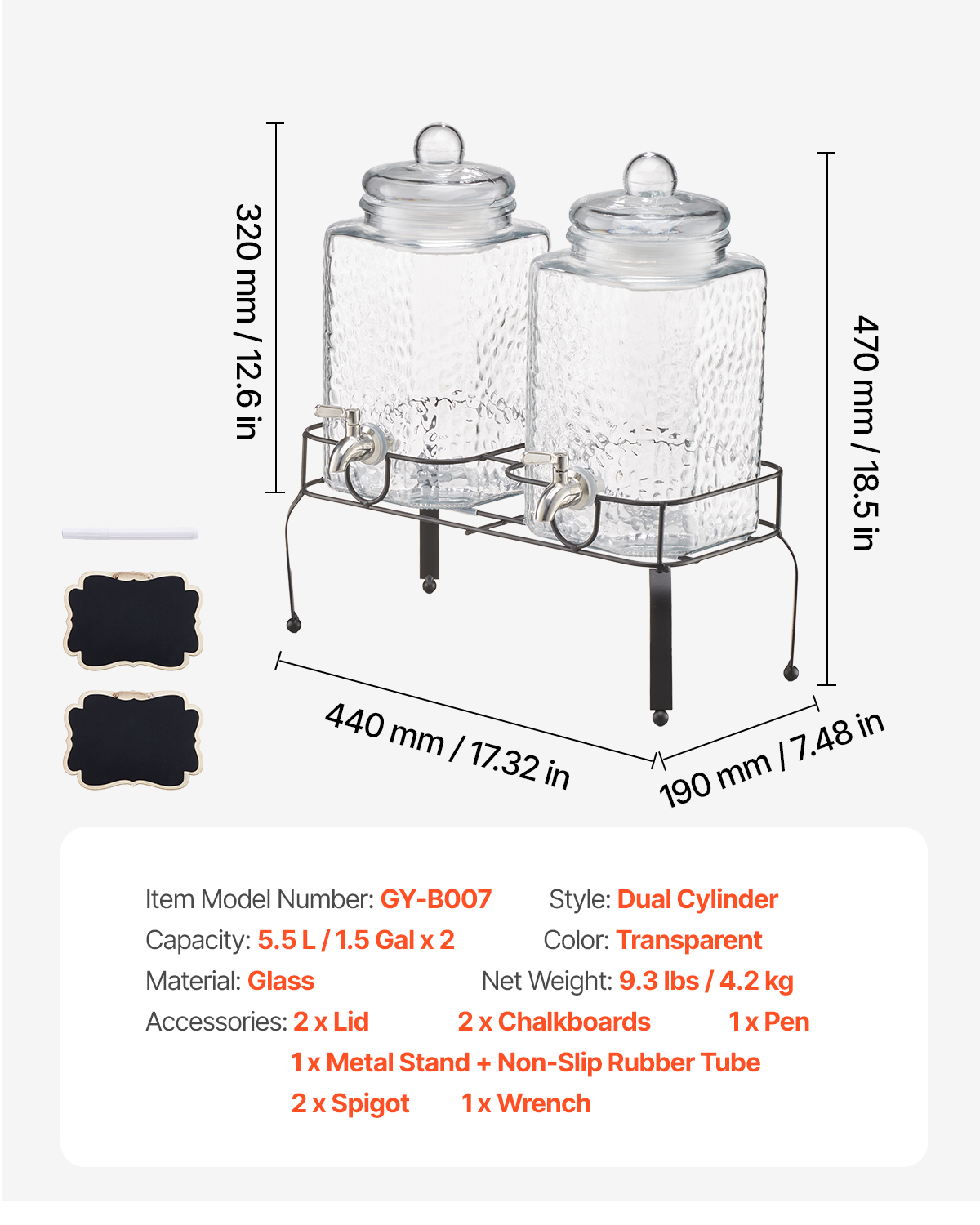 VEVOR Beverage Dispenser, 2 Pack 1.5 Gallon Drink Dispensers for Parties, Glass Juice Dispenser with Metal Stand, Stainless Steel Spigot, Iced Tea Lemonade Juice Water Dispensers for Parties