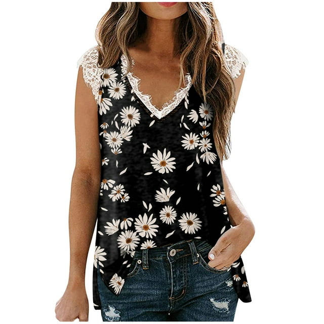 Blusa de encaje sin mangas con cuello en V para mujer de moda Camiseta con estampado floral Tops sueltos Pompotops hkajfhjk463778