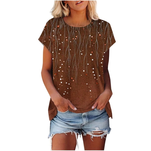 Camiseta de Manga Corta de las Mujeres de Cuello Redondo de Impresión Casual Top de las Señoras, Poliéster Ligero para el Hogar Diario Y Cómodo