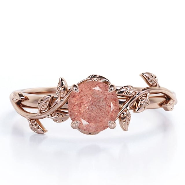 JeenMata Anillo de Compromiso con Solitario de Cuarzo Fresa Rosa Frambuesa Redondo de 0,50 Quilates en Forma de Hoja Chapado en Oro Rosa de 18 K sobre Plata
