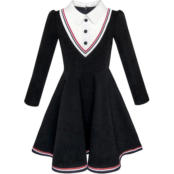 Girls Dress School Uniform White Collar Long Sleeve Striped 4