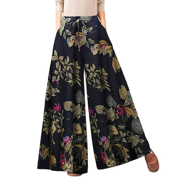 Jxximdong Pants for Women Women's Casual Floral Printed Pants Belt Elastic Waist Wide Leg Pants Pocket Long Pants Blue L Trousers
