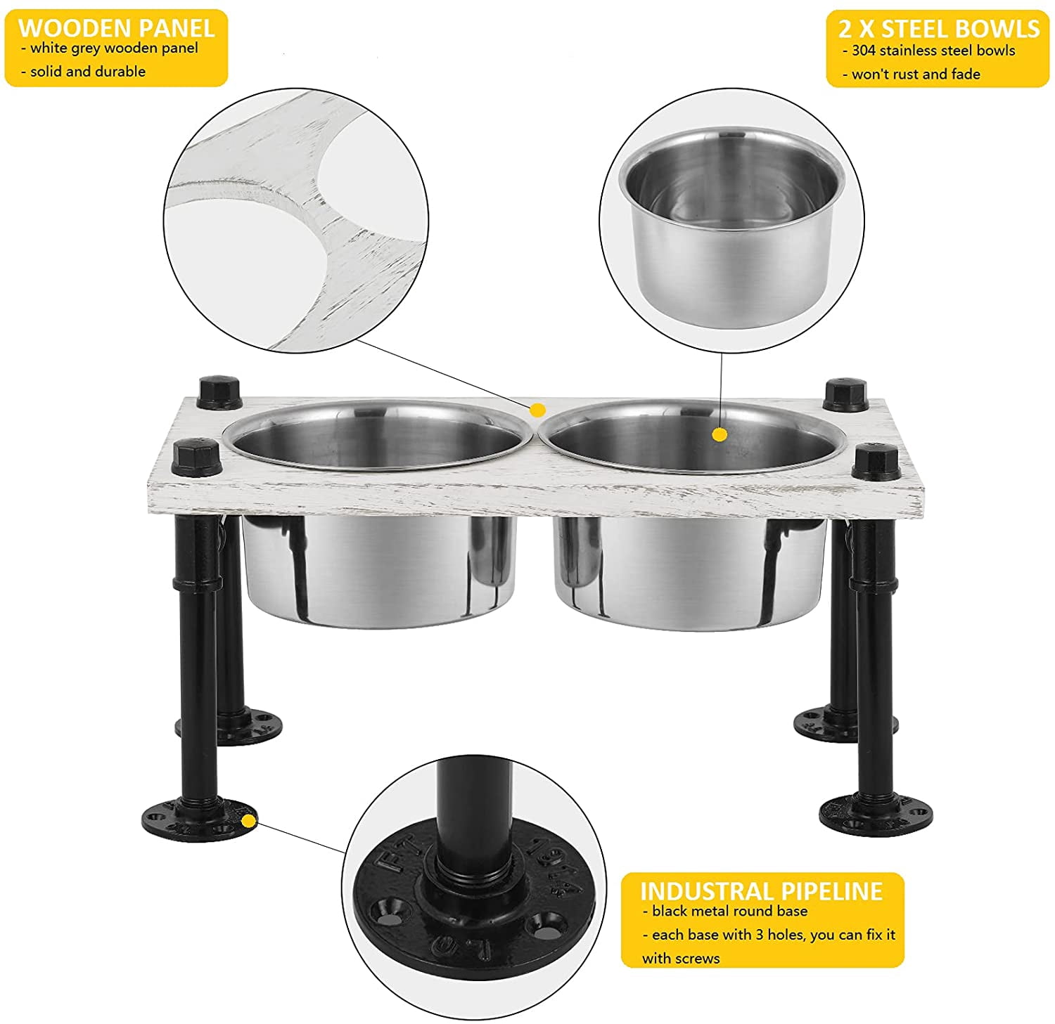 Elevated Dog Bowls- Raised Dog Bowls with Double Dog Bowls, Dog Bowl Stand with Rustic Wood Panel and Industrial Pipeline Base - 7.87"(H)