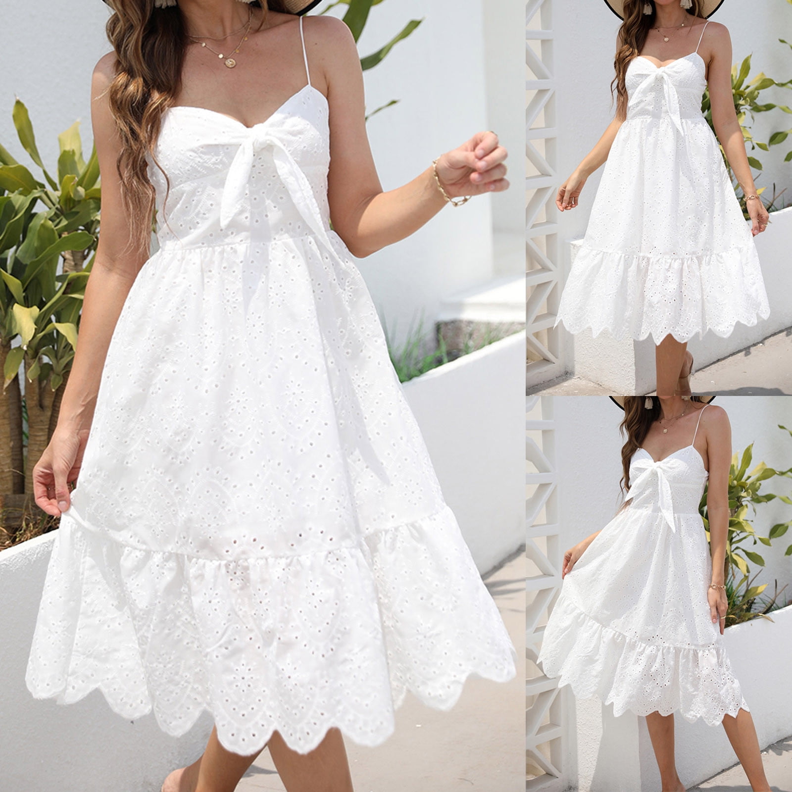 White Summer Dresses for Women Cute V Neck Spaghetti Strap Bow Front Beach Dress Solid Casual A Line Swing Midi Dress Walmart