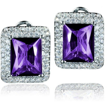 ELYA Sterling Silver Amethyst Purple Radiant-Cut CZ Double Halo Earrings