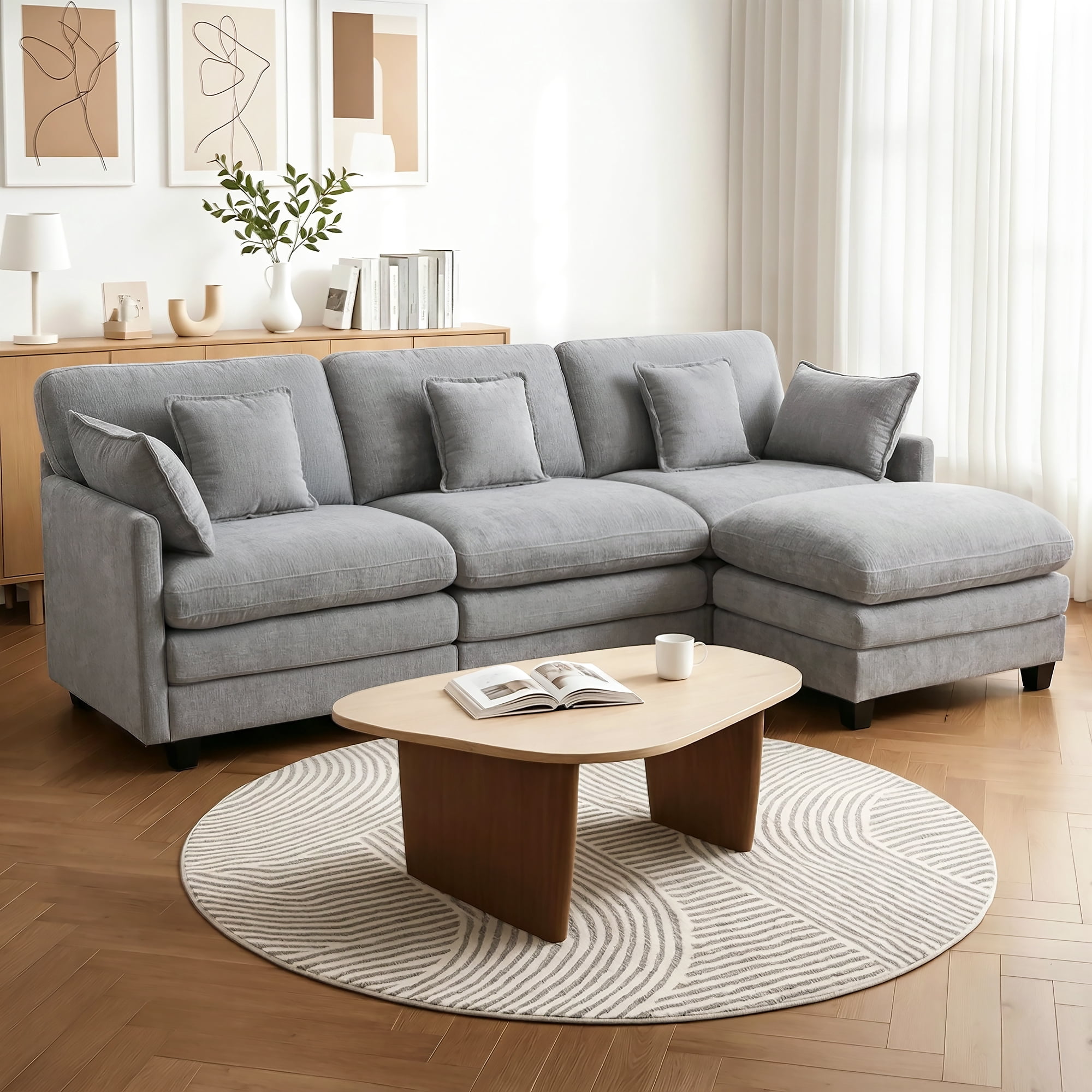MCombo 111.8'' Modular Sectional Sofa Couch with Chaise Ottoman for Living Room, L Shaped Sofa, FSC Certified, Grey