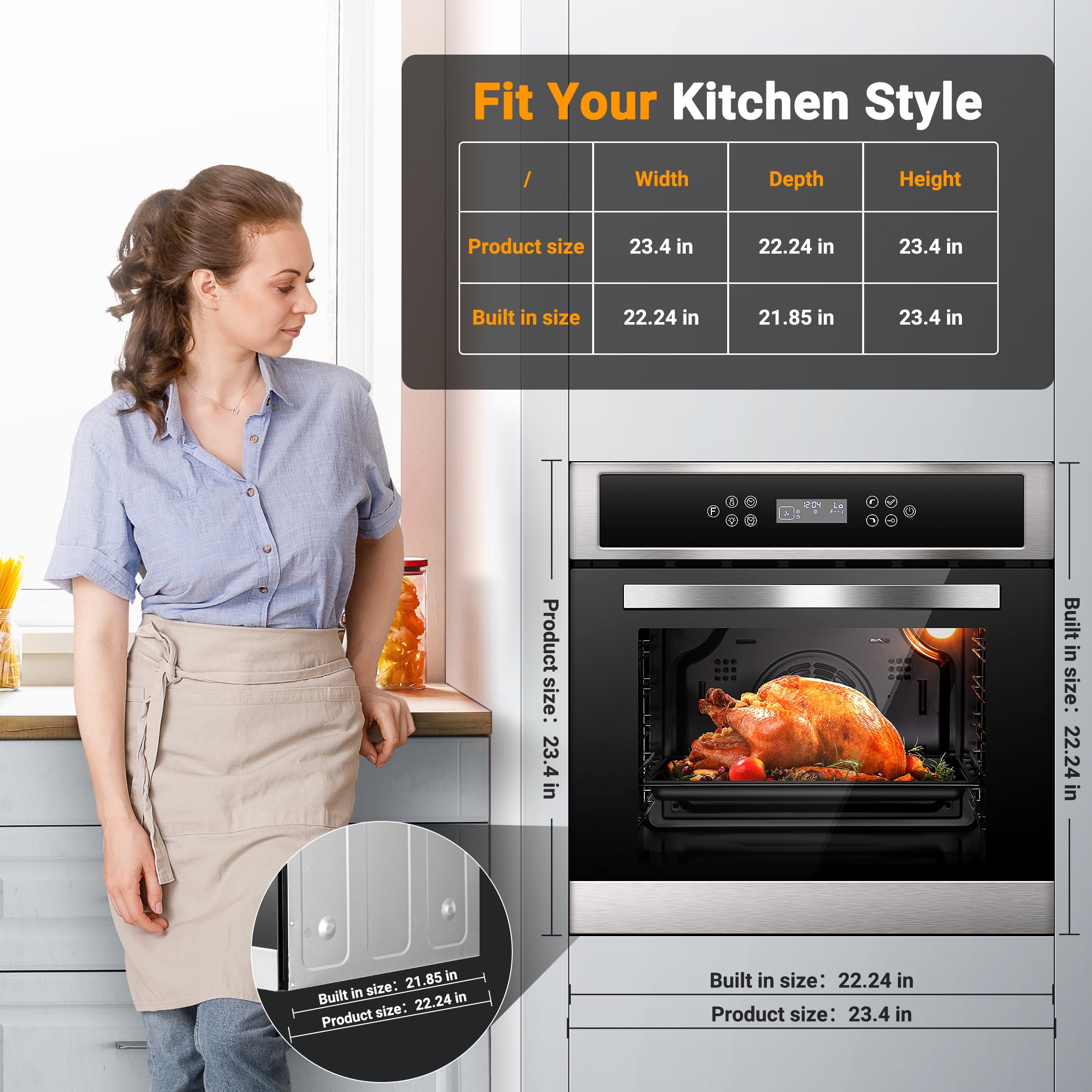 24" Electric Single Wall Oven 2.5 Cu.ft Convection Stainless Steel Built-in Electric Ovens with 11 Functions, 8 Automatic Recipes, 2800W, 240V, Upgraded