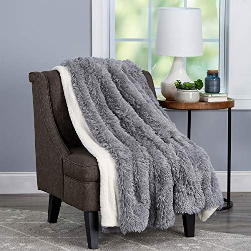 Bedford Home Pewter Faux Long Pile Rabbit Fur Throw Blanket with Sherpa Back-Luxurious, Soft, Hypoallergenic for Couch, Bed, Décor 60?x70, 60'" x 70"