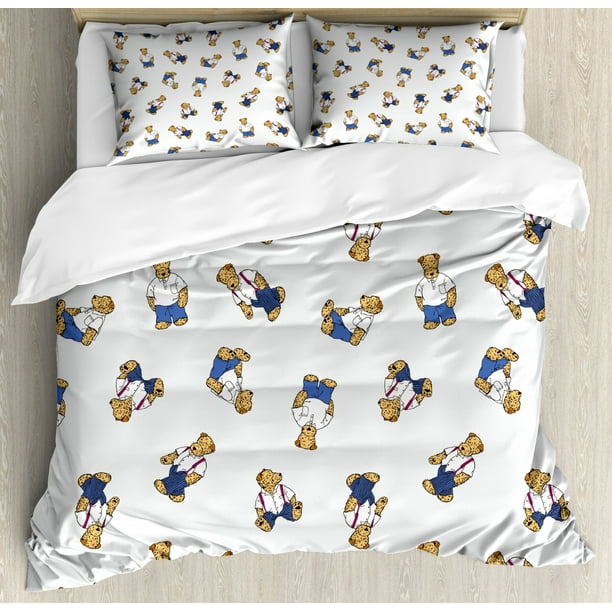 Kids King Size Duvet Cover Set Cute Teddy Bear Style Dog On Nostalgic Polka Dots Childish Duvet Cover Set Cute Teddy Bear, Teddy Bear King Size Bedding