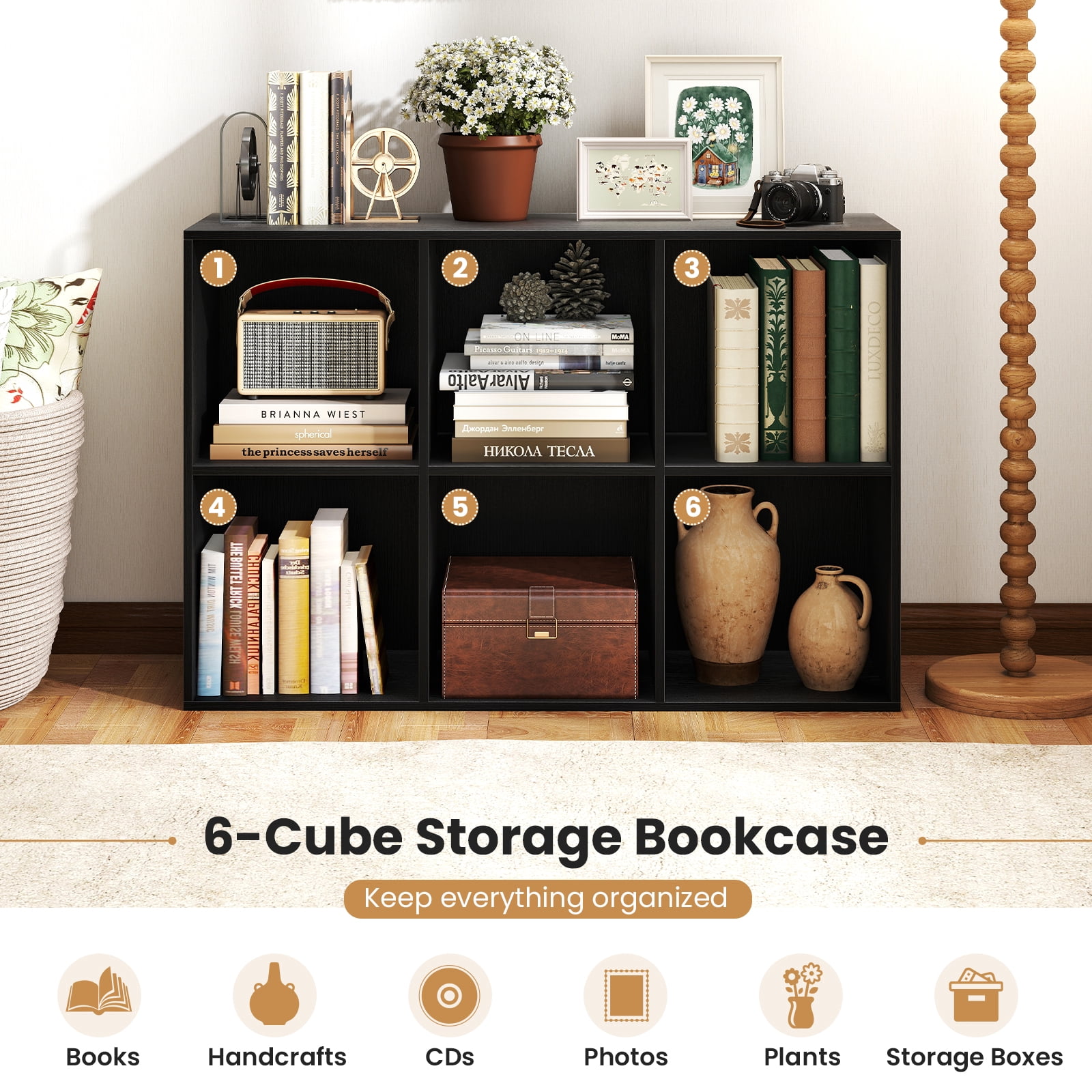Costway 6-Cube Bookcase Modern 3-Tier Storage Organizer Horizontal Vertical Bookshelf Black