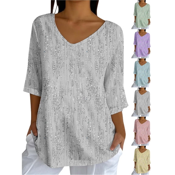 Shirts for Women Summer and Fall Fashion Plus Size Print Loose Blouse 3/4 Sleeve V-Neck Blouses Shirts