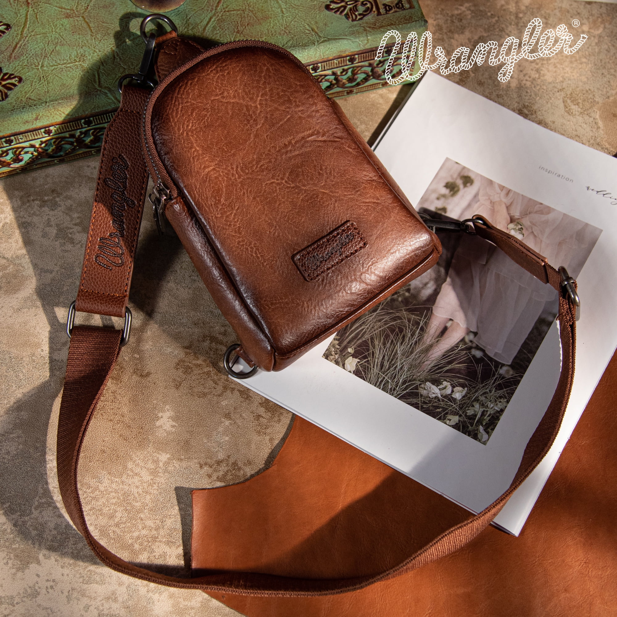 Wrangler Crossbody Sling Bags for Women Cross Body Fanny Pack Purse with Detachable Strap Zipper 7.5 "H, Distressed-Dark Brown
