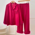 thumbnail image 2 of Gibobby Pijama de dos piezas para mujer Pijamas de seda de hielo con solapa y botones de manga larga con plumas sexis para mujer, traje de dos piezas para el(Rosa caliente,G), 2 of 5