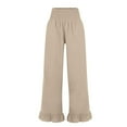 thumbnail image 5 of XIAONU Women's Ruffle Hem Wide Leg Pants Smocked High Waist Side Pocket Design Trousers Lightweight Boho Style Casual Bottoms Beige, 5 of 6