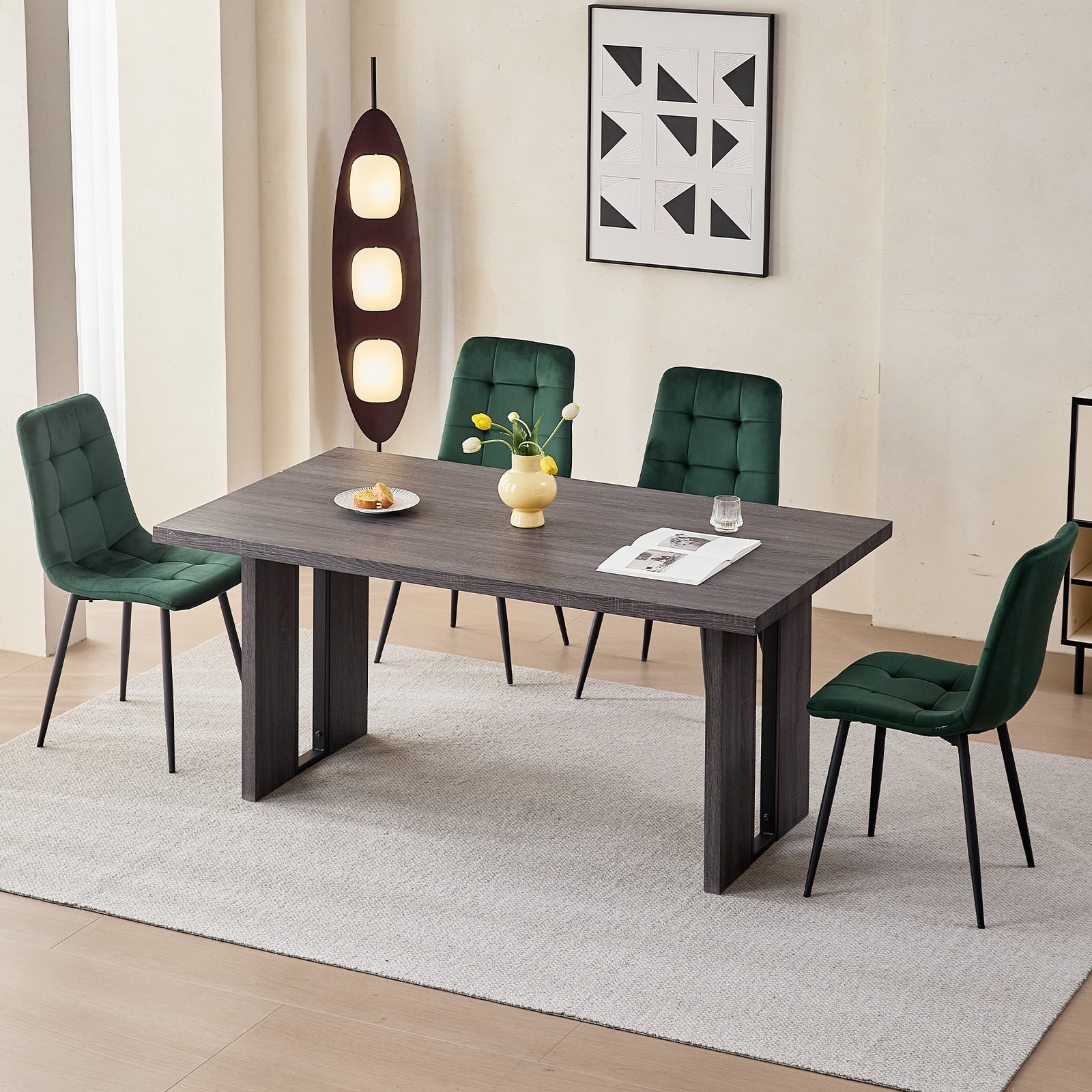 Set of 4 Velvet Dining Chairs - Mid Century Modern Dinning Chair, Upholstered Cushion Seat, Square-Patterned Backrest, Dinner Chairs with Metal Legs for Dining Living Room, Bedroom, Green