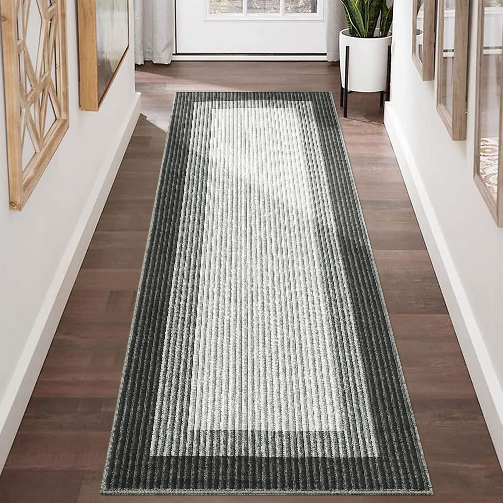 FairOnly 2'x6' Grey Machine Washable Runner Rugs Bordered Modern Runner Rugs for Hallway Entryway Laundry Room Kitchen Throw Rug