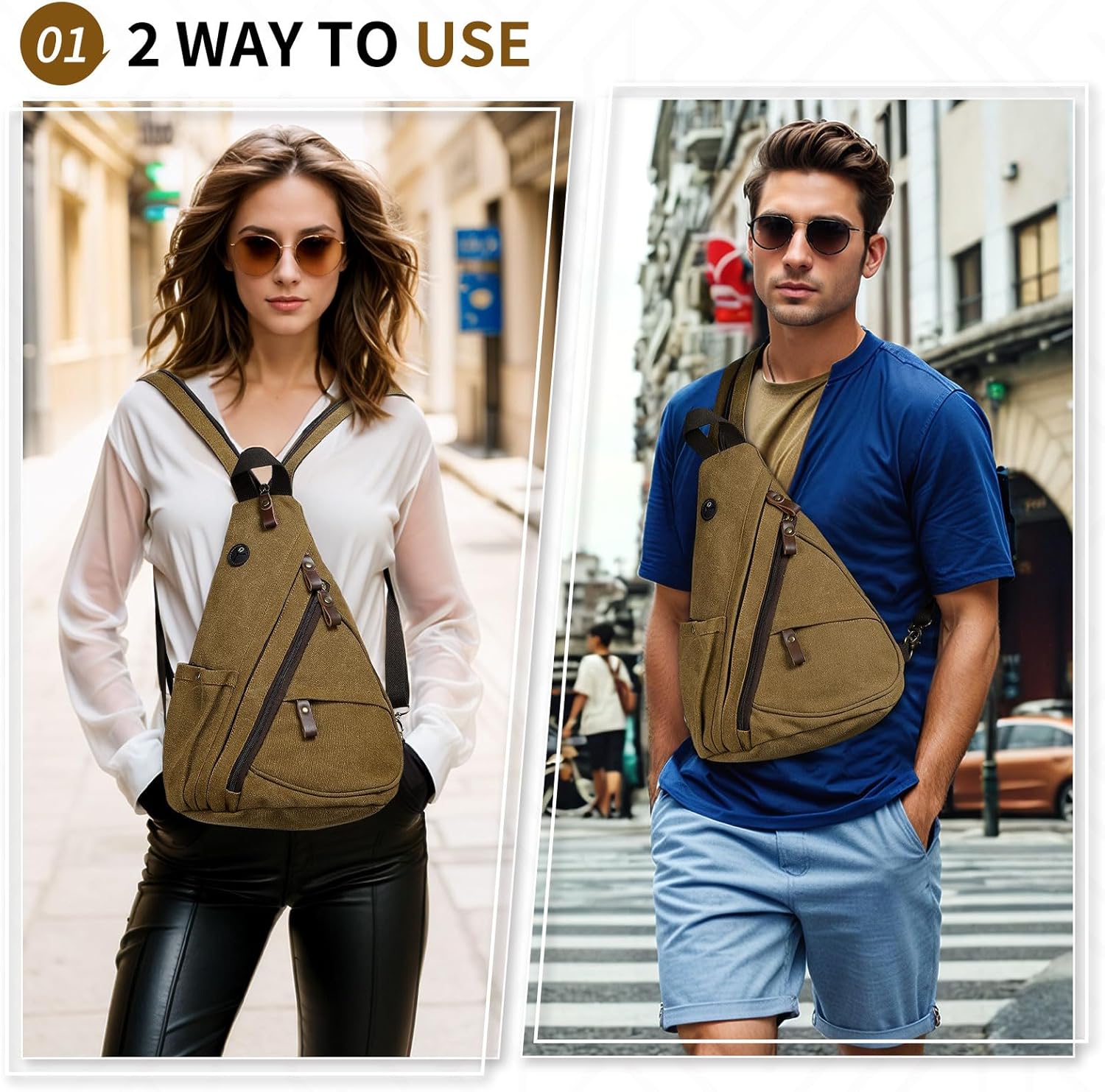 Vintage Canvas Sling Bag with Genuine Leather Zipper, 3 in 1 Crossbody, Backpack, and Chest Bag, for Travel, Hiking, 16x10x6 Inches