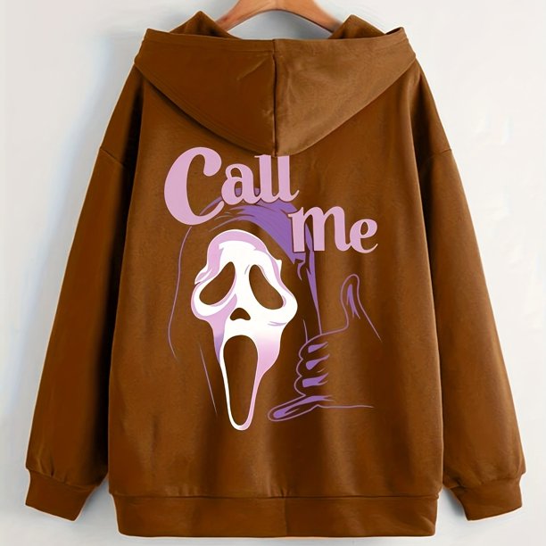 Sudadera Con Capucha Y Cremallera Con Estampado De Letras Y Gráficos De Fantasmas, Sudadera Informal De Manga Larga Con Cordón, Ropa De Mujer