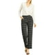 thumbnail image 5 of Pantalones largos rectos de cintura elástica con botones y cremallera de cuadros para mujer Inspire Chic 3XL negros, 5 of 7