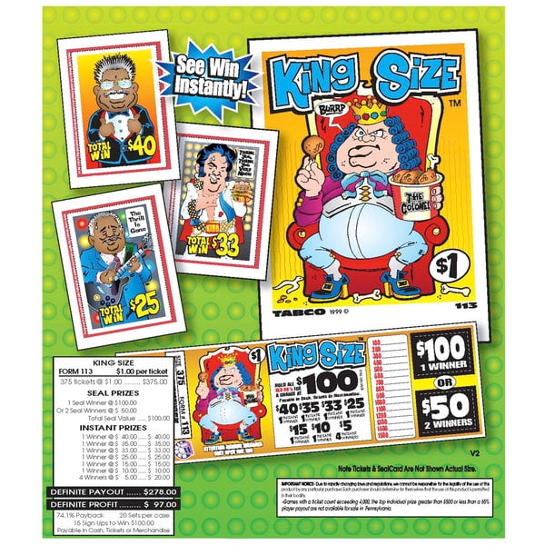 Tabco 113 "King Size" 1 Window Pull Tab Tickets 375 Tickets per Deal