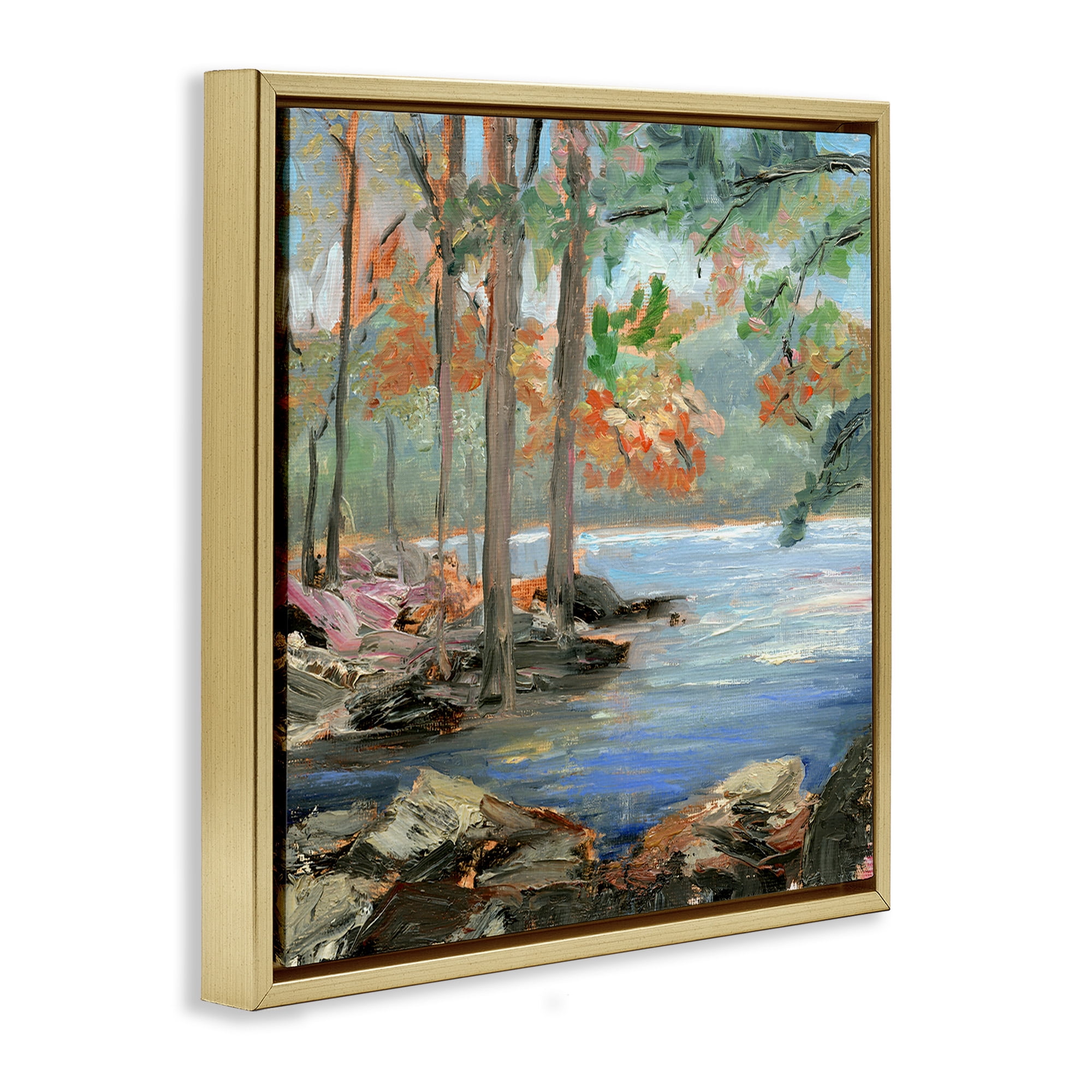 Stupell Industries Woodland Creek Looming Trees Landscape Painting Gold Floater Framed Canvas Art Print Wall Art, 25 x 25