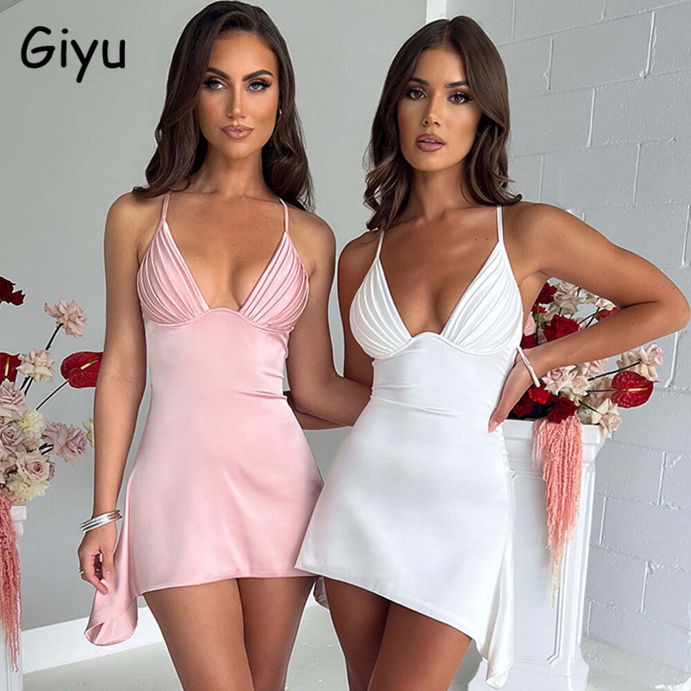 Giyu Mini Robe en Satin pour femmes Sexy elegante col en V sans manches courte dos nu couleur unie blanche pour soiree en boite de nuit ete 2023 Walmart