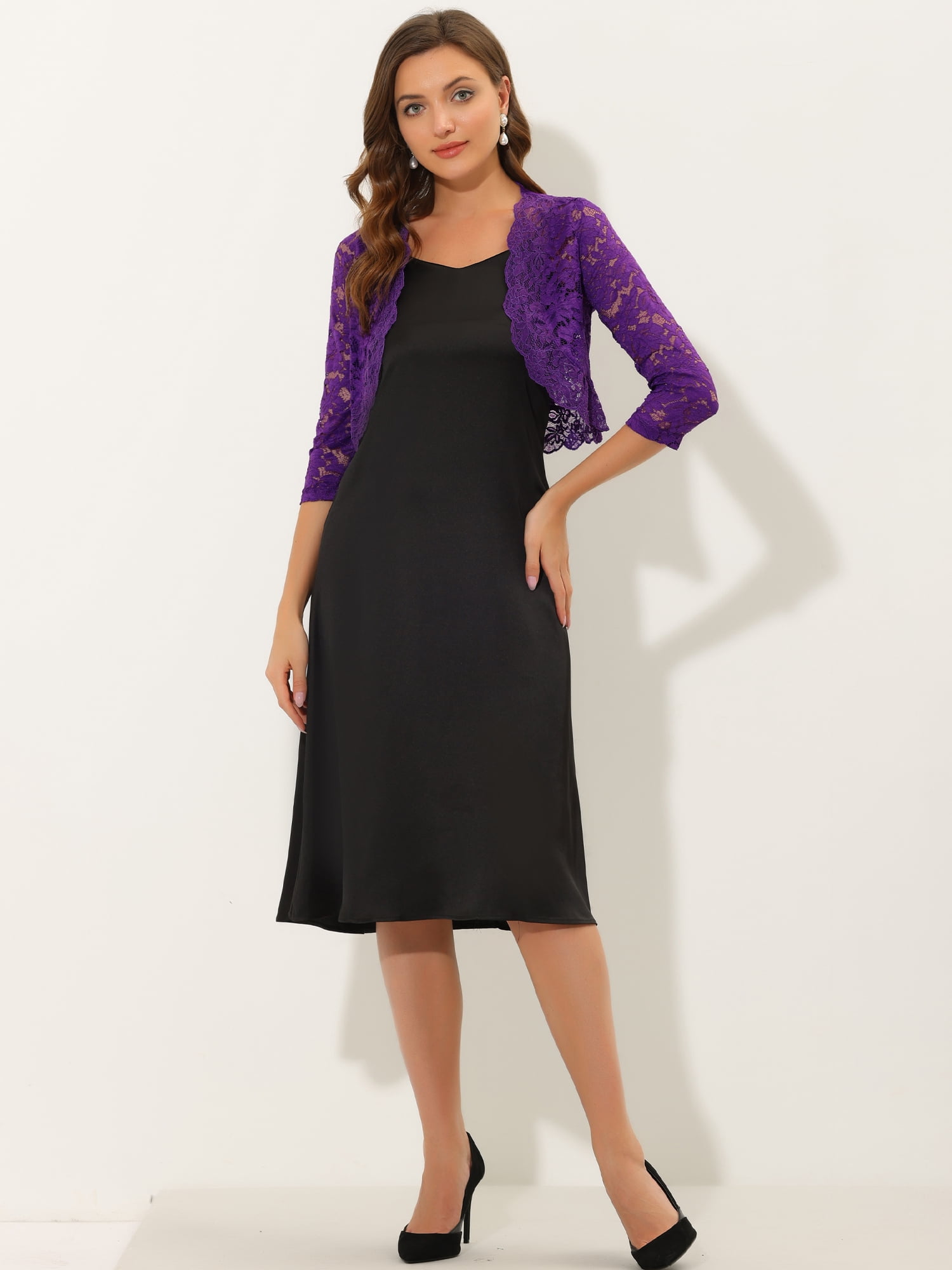 DARING DIVA 3/4 Sleeve Sheer Floral Lace Shrug Top S Violet