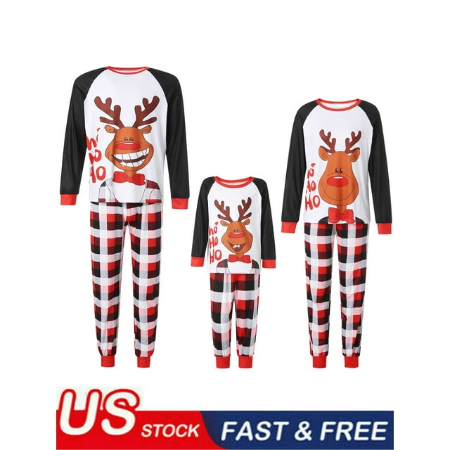 Family Christmas Pjs Matching Sets Elk Letter Printing Plaid Raglan Long Sleeve Round Collar Sleepwear for Mother/Father/Kid