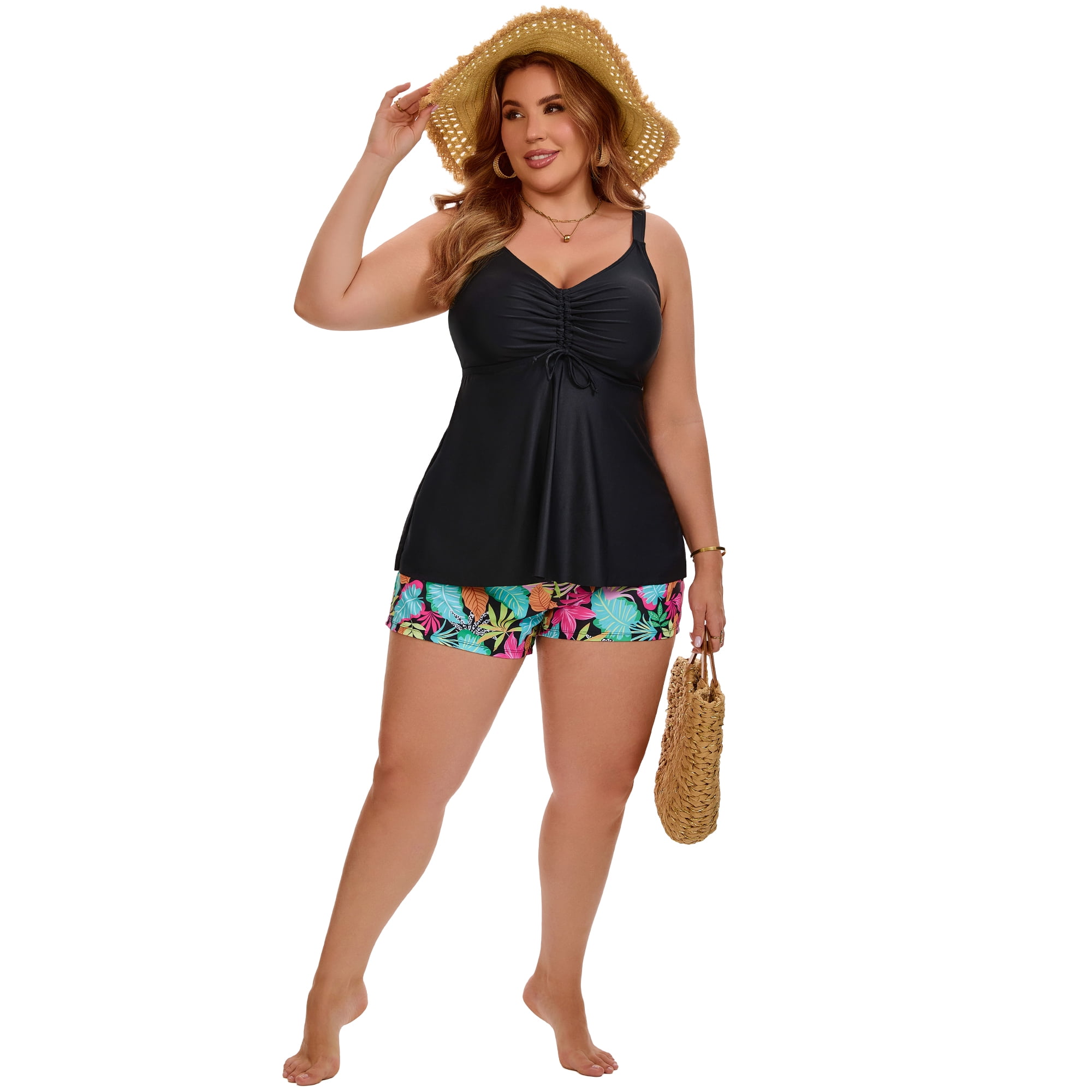 DARING DIVA Women's Plus Two Piece Tankini with Tummy Swimsuit 2X Black