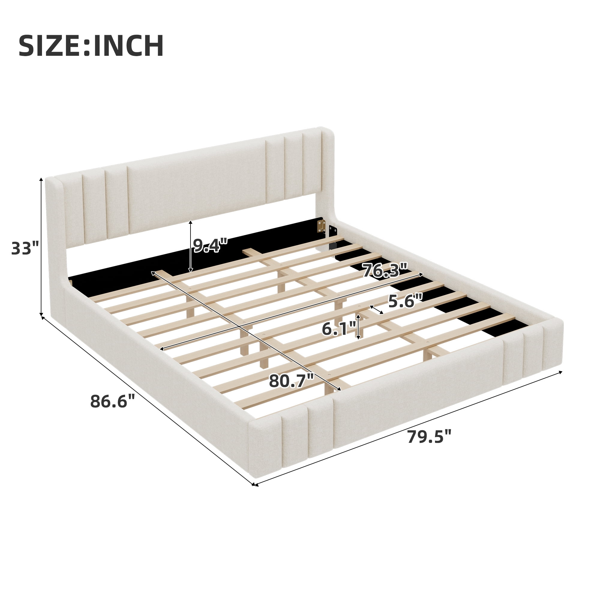 Euroco King Size Upholstery Platform Bed with Headboard, No Box Spring Needed, Beige