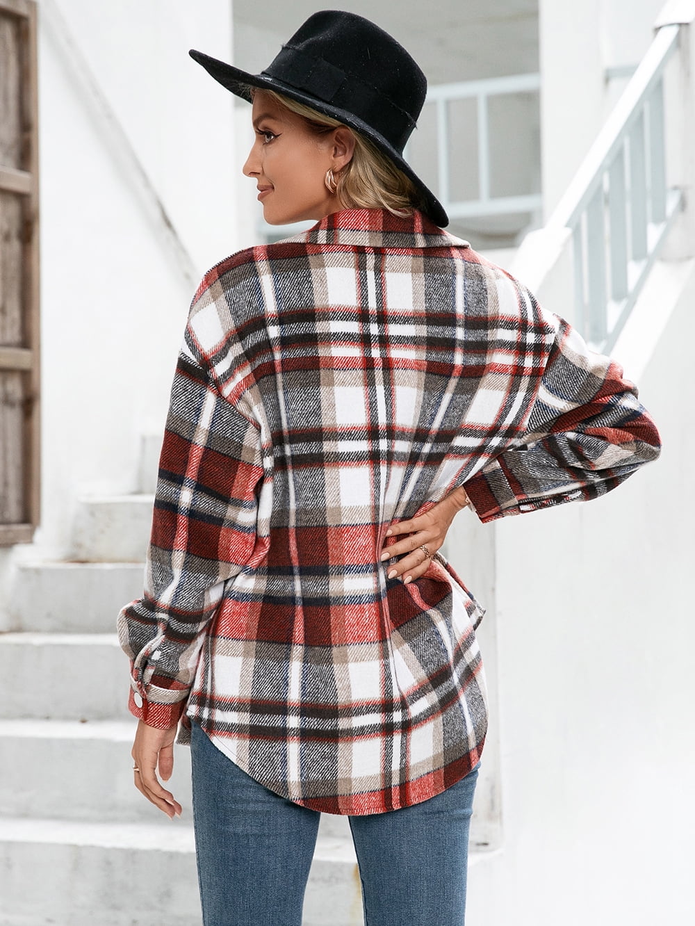 Women Plus Size Casual Plaid Long-sleeve Tee