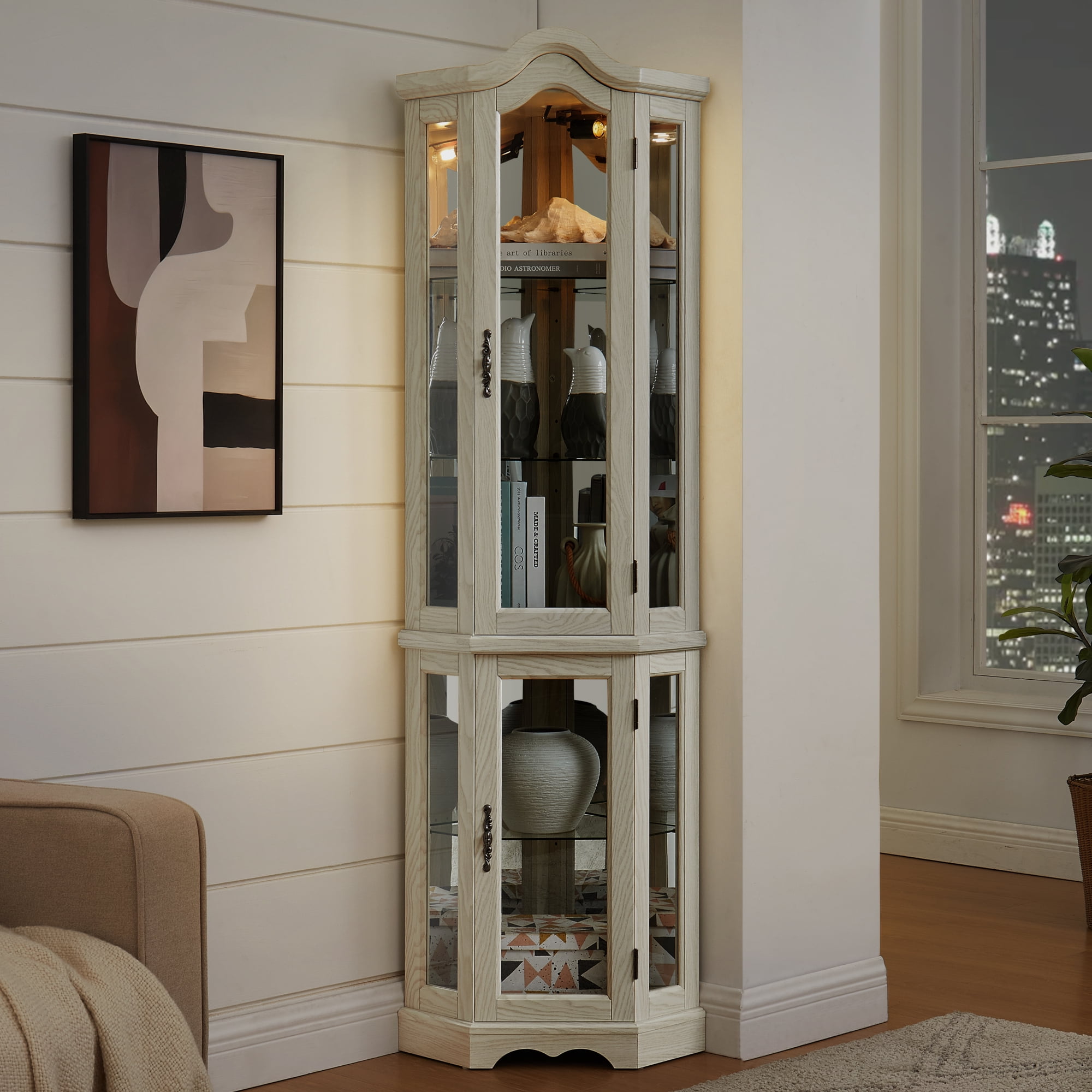 Leumius Curio Cabinet Lighted Glass Display Curio Cabinet with Tempered Glass Doors and Shelves, Crown Corner Cabinet with Bulb, Corner Storage Decoration for Living Room and Bedroom White